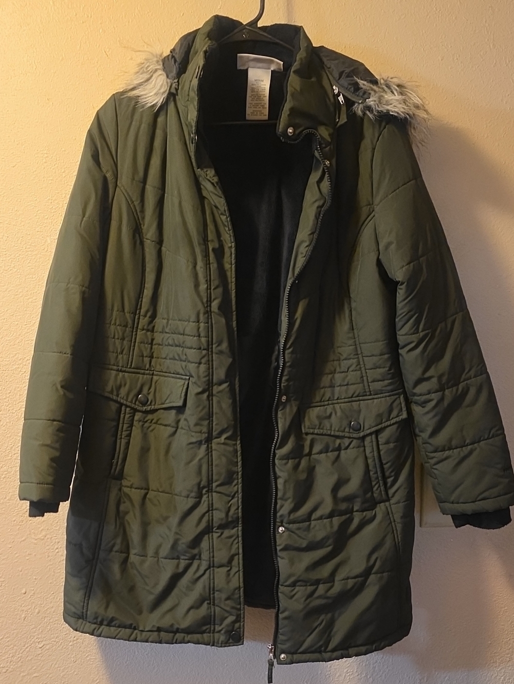 Free Country Olive Green Quilted Puffer Coat with Faux-Fur Hood